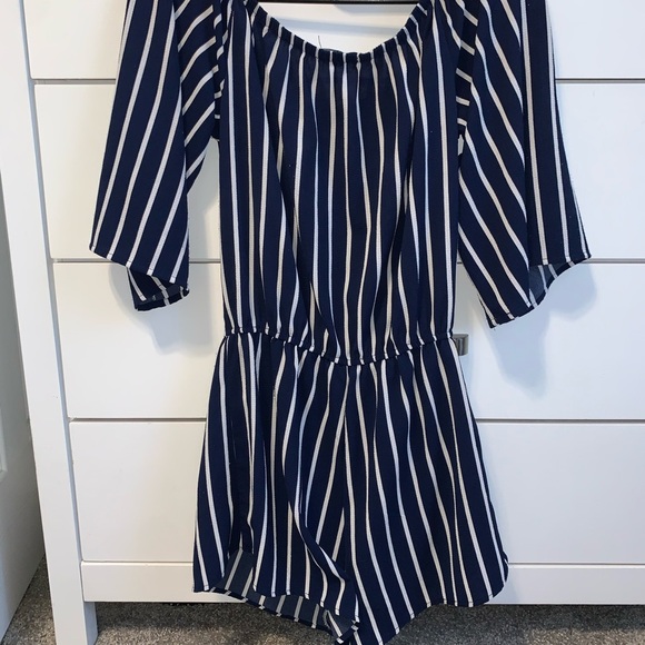 Ambiance white and blue striped off the shoulder romper - Picture 6 of 6